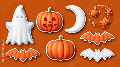 Colorful Halloween Icons with Ghost, Pumpkin, Moon, Stars, and Bats for Festive Decorations and Crafts