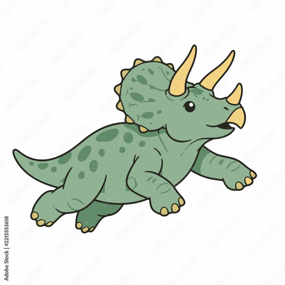 Obraz premium Cute Green Triceratops Dinosaur Running Vector Illustration