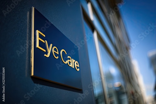 Eye care sign displayed prominently on building exterior. Bright blue background contrasts with golden lettering. Outdoor scene captures modern architecture and clear sky