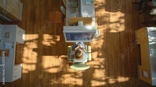 Patient sitting in dental office during consultation session. Bright space features wooden flooring with sunlight creating shadow patterns. Professional environment promotes comfort