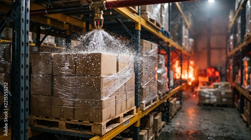 Industrial fire sprinkler activating over stacked cardboard boxes in warehouse with copy space