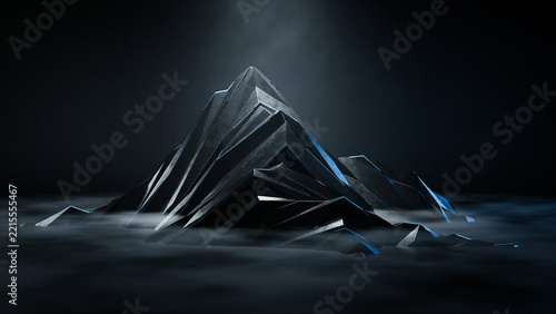 Abstract monolithic pyramid structure on dark desert ground with sci fi monolithic structure architecture abstract geometric mysterious sculpture monument landscape minimalist environment