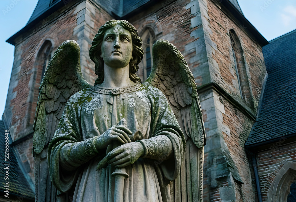 Fototapeta premium Grief and mourning concept, stone angel statue with sword standing in front of an old brick church for funeral services and memorial remembrance