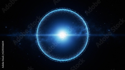 Glowing bright star surrounded by a ring of sparkling blue particles with particles astronomy abstract universe background celestial mystical spherical concentrated radiance illumination