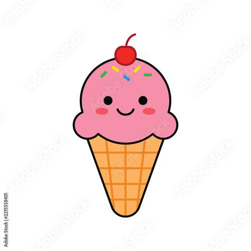 Cute kawaii ice cream cone illustration with pink scoop, colorful sprinkles, and a cherry on top for fun dessert designs
