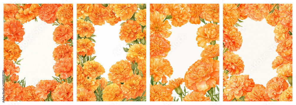 Fototapeta premium Set of four watercolor decorative frame borders of dense ruffled orange cempasuchil marigold blooms, Dia De Los Muertos theme, large empty white copy space in center