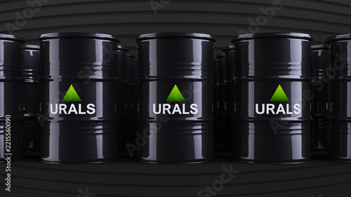 3D render set of black oil barrels labeled Brent and Urals with green up and red down trend arrows. Financial concept of crude oil price stock market exchange, energy crisis, and trading.