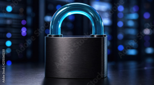 Oversized closed padlock with dark brushed metal body and translucent cyan shackle in secure data center, conveying digital protection and cybersecurity