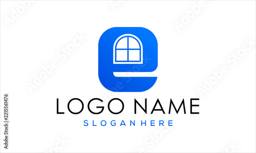 Blue Letter E Logo Design with Window Icon Concept for Real Estate, Architecture, and Construction Business