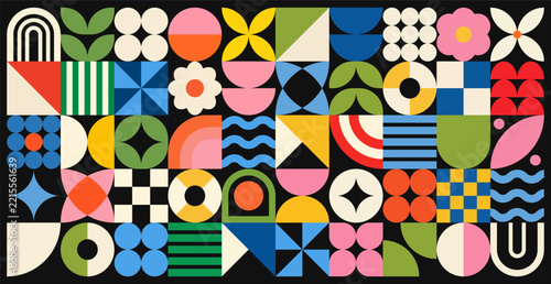 Retro Geometric Floral Mosaic Pattern with Colorful Abstract Shapes