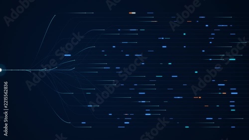 Seamless 4K loop of a single data stream branching out into parallel horizontal lines with glowing geometric nodes. High-tech circuit board and machine learning routing visualization with cyan and ora
