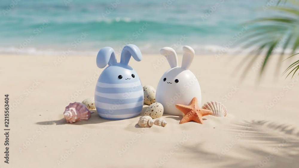 Fototapeta premium Two cute easter bunny figurines sitting on a sandy beach with seashells and a starfish near the ocean waves