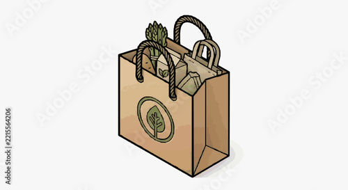 Isometric Illustration of Brown Paper Shopping Bag with Eco-Friendly Symbol