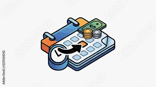Isometric Illustration of Calculator with Money and Clock Symbols