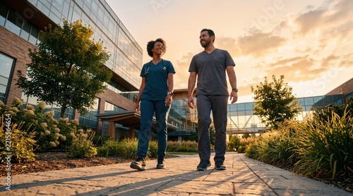 Two healthcare workers walking at sunset