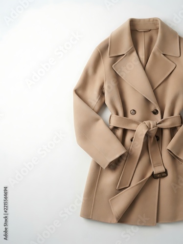 Light beige trench coat with tie belt laid flat