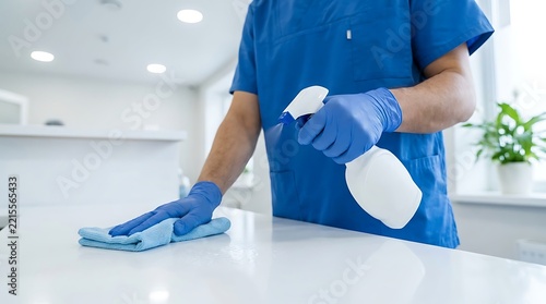 Healthcare worker wearing blue uniform and protective gloves wiping white counter surface with cloth in clinic room