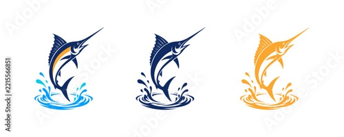 Set of three stylized marlin fish jumping out of water illustrations.