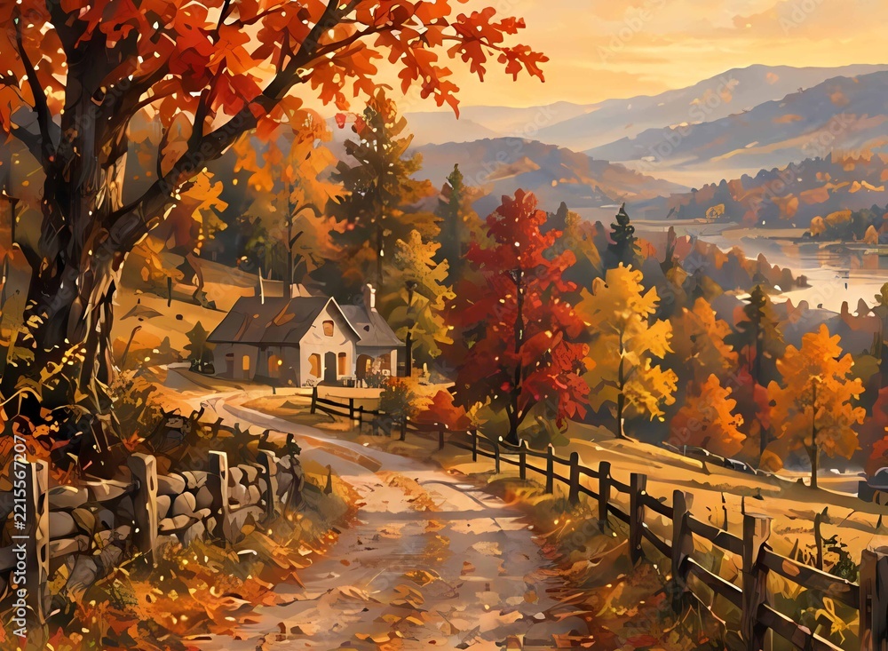 Fototapeta premium Autumn Tranquility: A rustic farmhouse nestled amidst rolling hills ablaze with the vibrant hues of fall foliage, a winding dirt road leading the eye toward a serene lake in the distance.