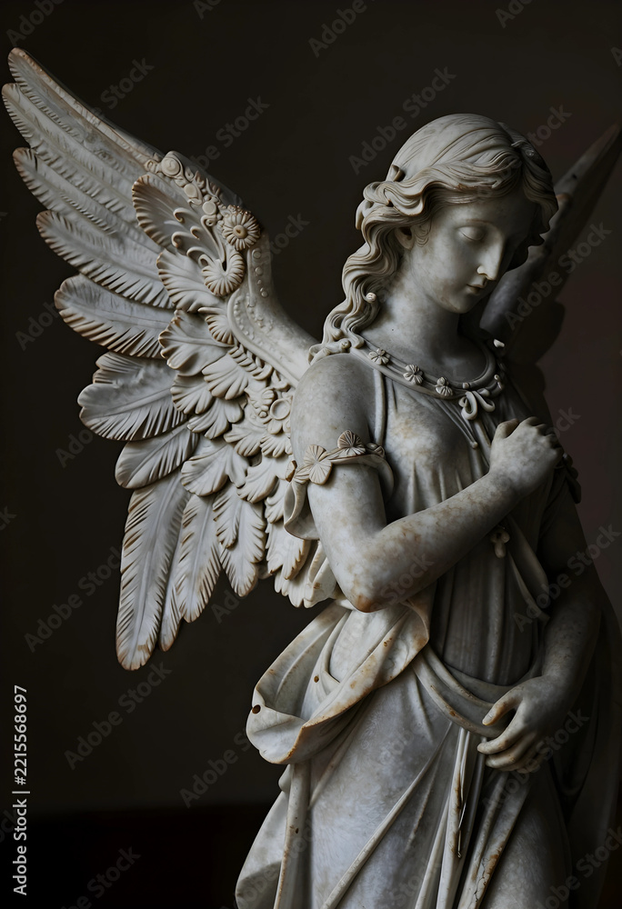 Fototapeta premium Spirituality and mourning, marble angel statue with wings in a peaceful pose for funeral services, religious art and afterlife reflection in a dark room