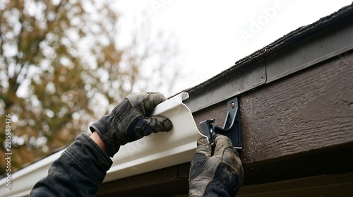 Gutter installation worker attaching white gutter section to house exterior