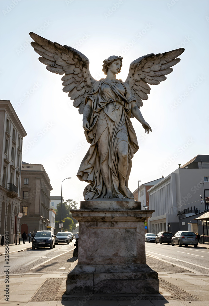 Fototapeta premium Spirituality and hope concept, stone angel statue with wings spread standing on a pedestal in a city street with backlight and urban architecture