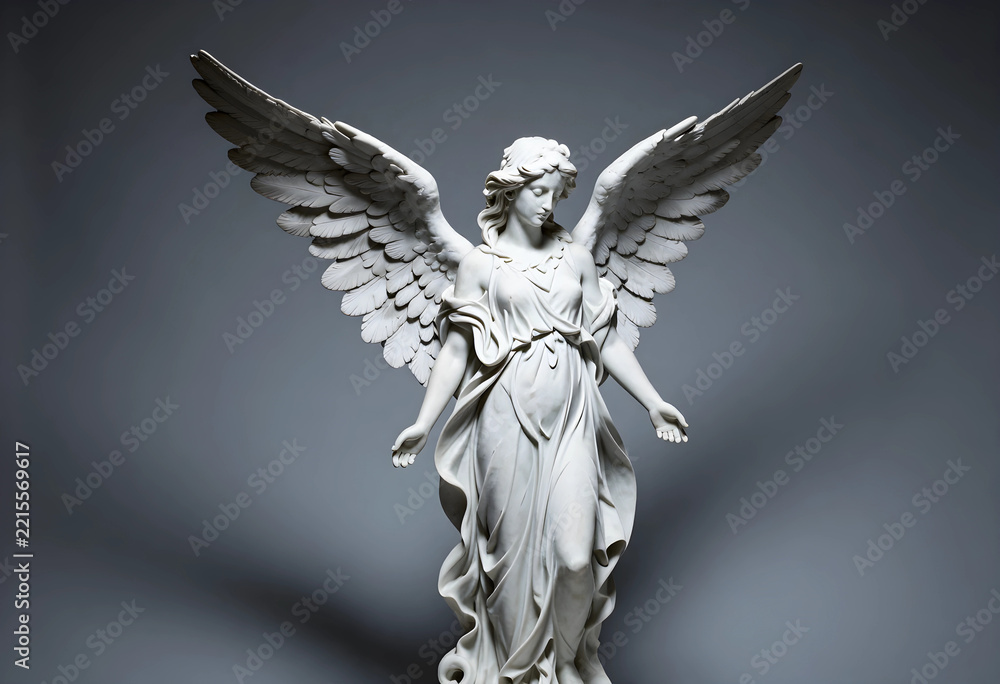 Fototapeta premium Spirituality and peace concept white marble angel statue with wings spread in a serene pose for religious memorial and funeral design projects