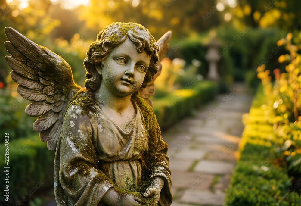 Fototapeta premium Spirituality and peace stone angel statue with moss in a serene garden at sunset for memorial funeral and religious reflection or meditation themes