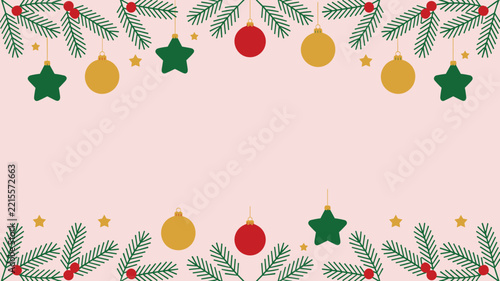 Festive christmas holiday border background with hanging baubles star ornaments and evergreen pine tree branches illustration