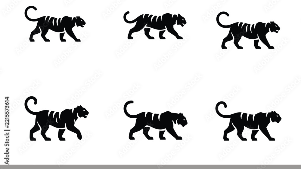 Fototapeta premium Solid Black Glyph Stalking Tiger Prowling Savanna Wildcats Silhouette Vector Set