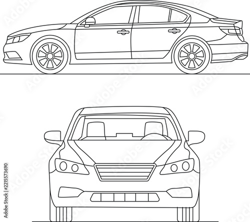 Modern Sedan Car Side and Front View Line Drawing Illustration