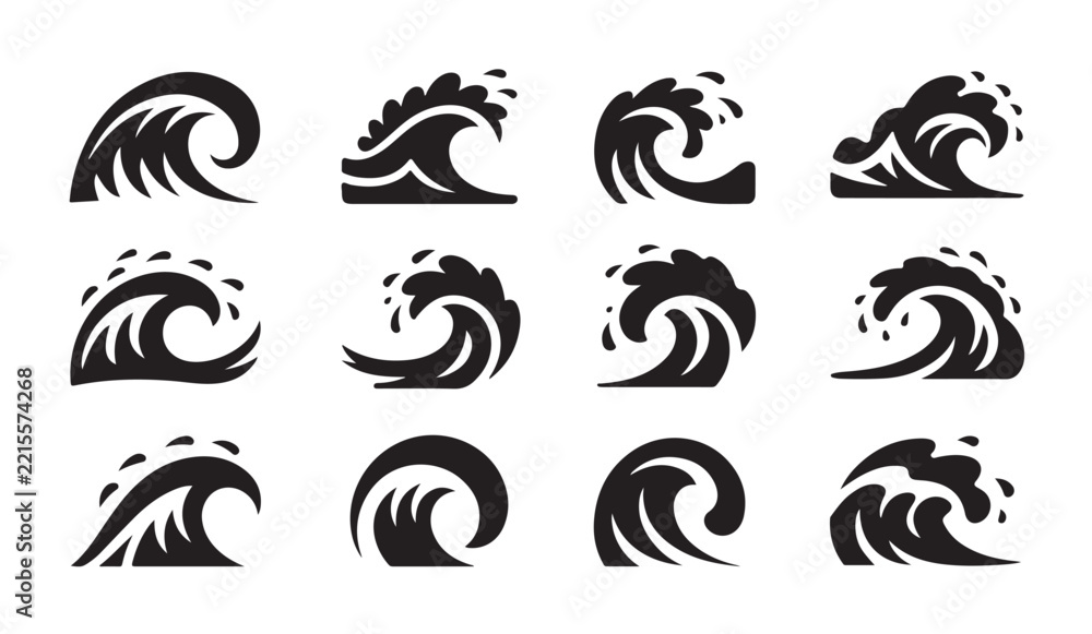 Fototapeta premium Ocean wave silhouette icons set with various sea motions for surfing travel and nautical graphic designs.