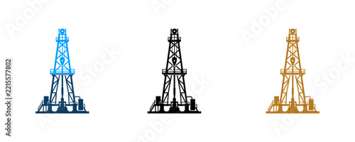Set of three oil drilling rig icons in different colors.