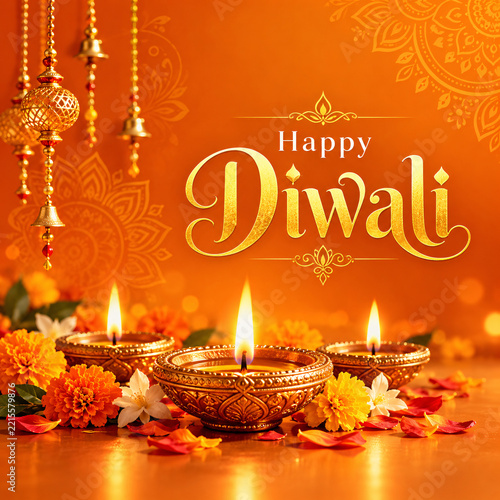 Happy Diwali Greeting with Traditional Oil Lamps, Marigold Flowers and Golden Decorations on Orange Background