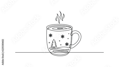 Continuous line art cozy Christmas coffee mug with pine tree and snowflakes, winter hot chocolate vector illustration