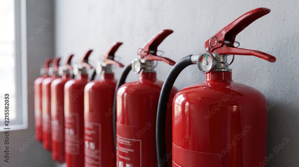 Obraz premium Row of red fire extinguishers lined up in a facility setting