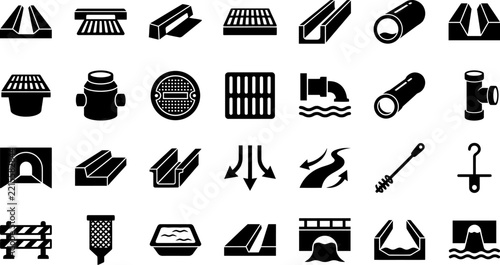 Set of drainage and sewage system icons water management, storm drain, culvert, pipe, manhole, grate, channel, and flow symbols collection