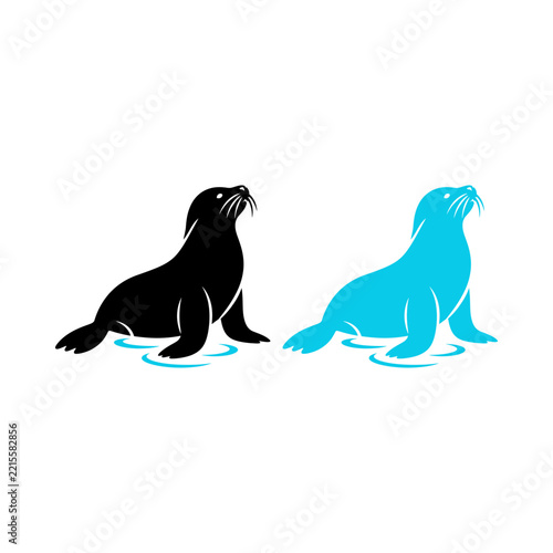 Minimalist vector illustration of sea lion silhouettes in black and blue.