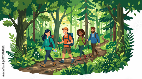 Forest Adventure: A group of friends embark on a scenic hike through a vibrant, sun-dappled forest, surrounded by lush greenery and tall trees.