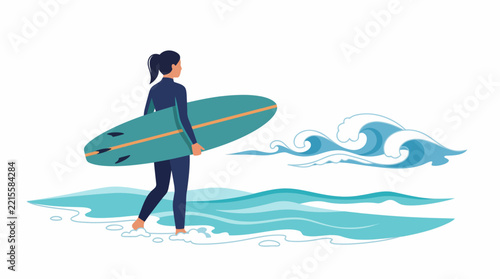 Surfer Girl at the Shore: A female surfer in a wetsuit stands by the ocean, holding her surfboard and looking out at the breaking waves, ready to ride.