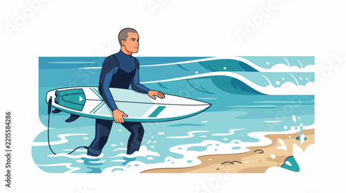 Surfer's Journey to the Waves: A determined surfer, clad in a wetsuit, strides into the ocean carrying a surfboard, ready to ride the incoming waves and embrace the thrill of the sea.