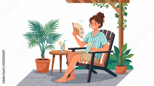 Beating the Heat: A woman enjoys a cool breeze from a hand fan while relaxing in a chair on a sunny patio, surrounded by lush greenery and a refreshing drink.