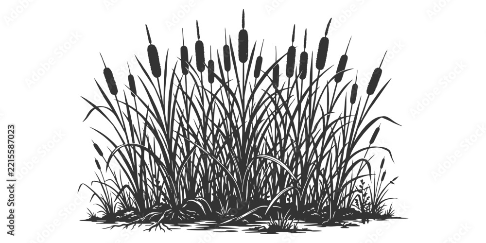 Fototapeta premium Black and white hand drawn cattail plants and bulrush reeds grass bush silhouette vector illustration.