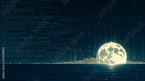 A glowing digital sphere composed of binary numbers sits on a dark horizon with vertical streams of code falling in the background