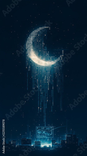 Digital globe composed of binary code floats above a futuristic blue city skyline with glowing data interfaces