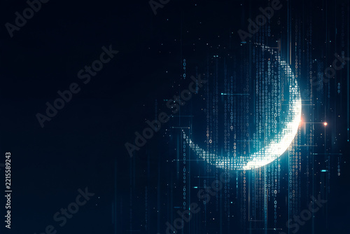 A digital crescent moon composed of binary code numbers floats against a dark blue background with vertical data streams