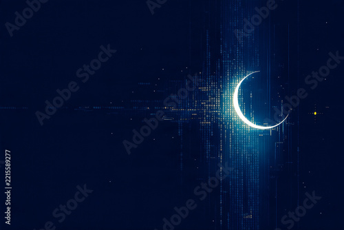 A glowing white crescent moon is superimposed over a dark blue background filled with vertical streams of binary code and scattered stars