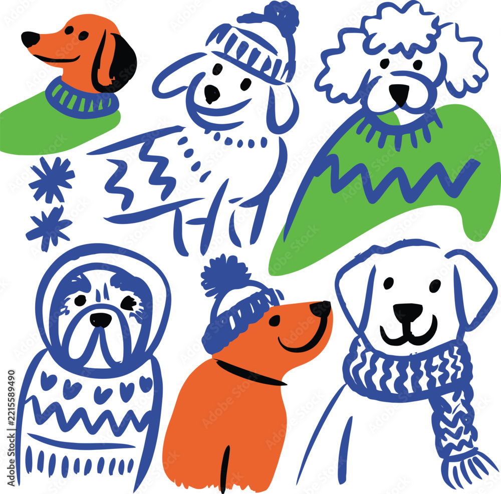 Obraz premium Winter dog hand drawn vector illustrations doodles vector illustration set with colorful sweaters and hats for seasonal.