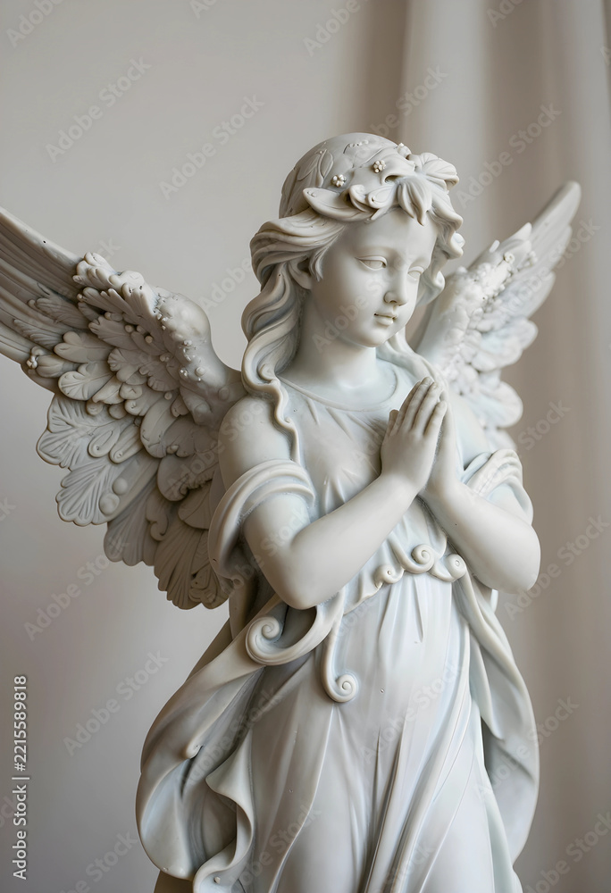 Fototapeta premium Spirituality and faith concept marble angel statue with praying hands and wings religious devotion and peace memorial art in a soft light interior