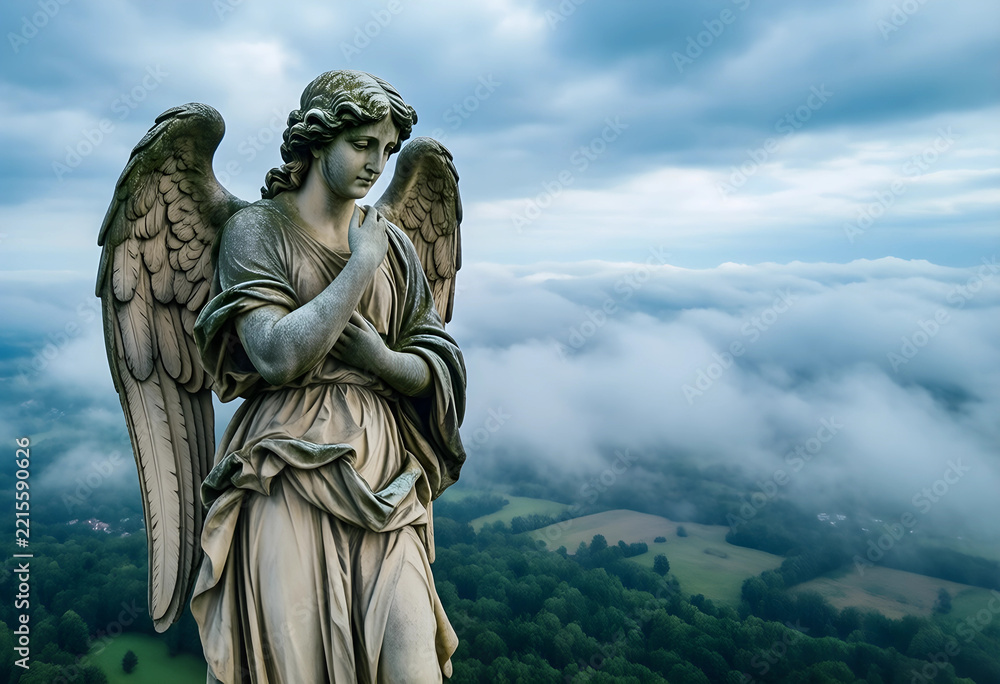 Fototapeta premium Spirituality and afterlife concept, stone angel statue overlooking a landscape of clouds and forest at dawn for religious and peaceful themes